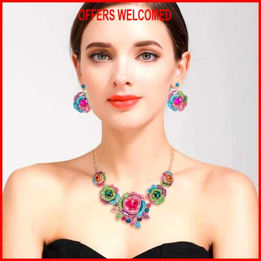 Crystal Layer Flower Cluster Statement Necklace D… - image 2